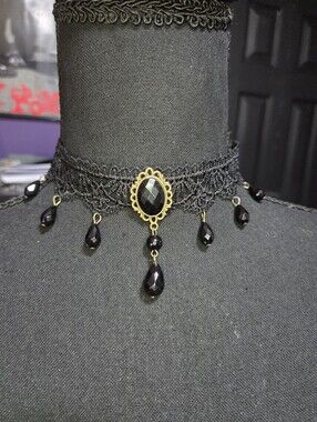 Black Victorian Lace Choker Beaded Goth Emo Punk Gold Faceted Cabochon Necklace